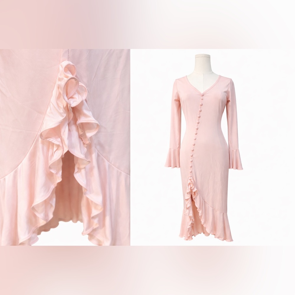 ✨ Retro Stage 1930s Inspired Ruffled Midi Dress – Blush Pink✨